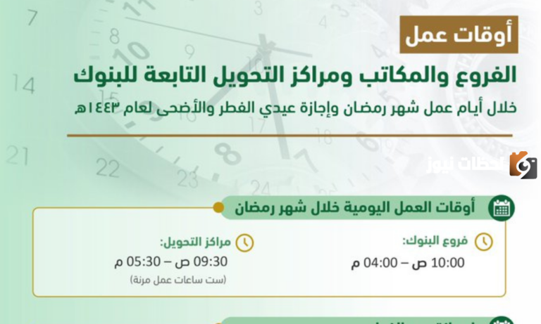 الحكومة السعودية تكشف عن مواعيد عمل البنوك والمؤسسات المالية في شهر رمضان وموعد إجازة عيد الفطر والأضحى