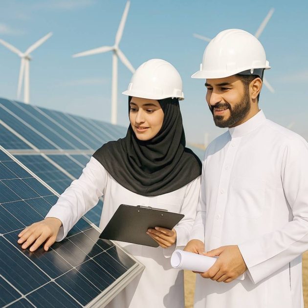 مهندسان يتابعان مشروعاً للخلايا الشمسية. (متداولة)